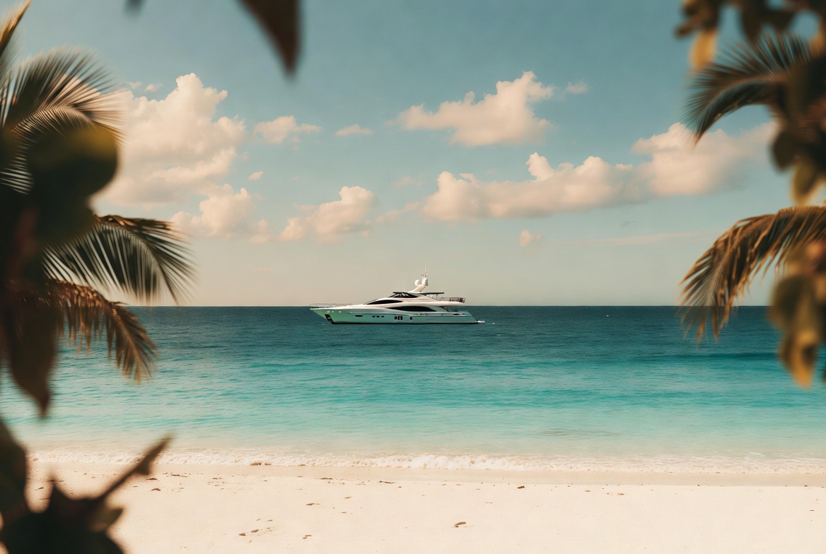 Tropical Caribbean beach with palm trees over calm turquoise water